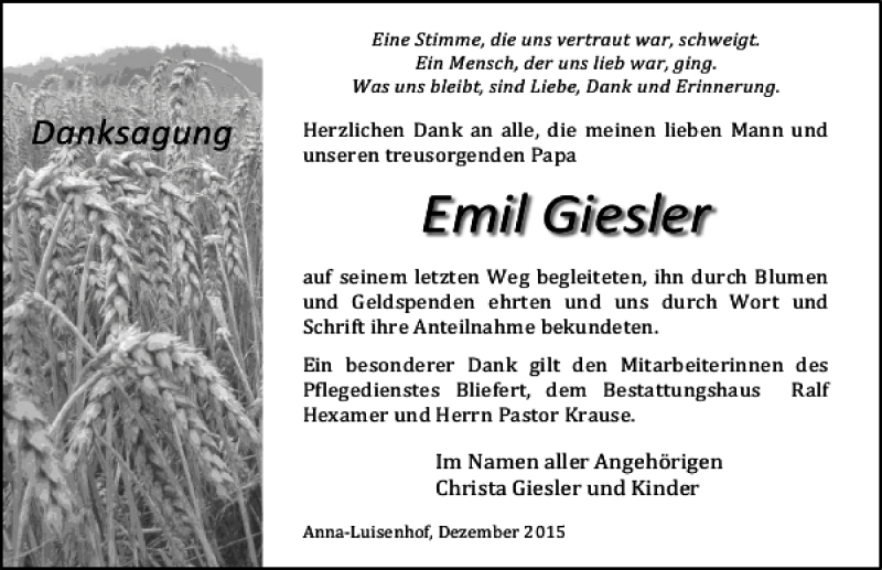 Traueranzeigen Von Emil Giesler Trauer Anzeigen De