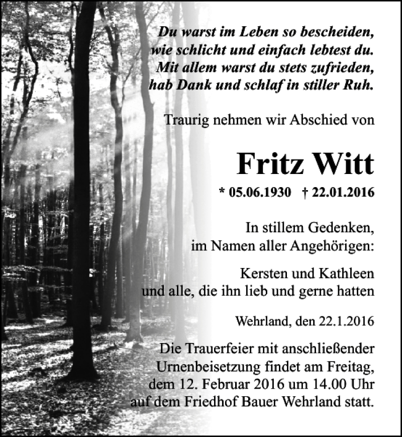 Traueranzeigen Von Fritz Witt Trauer Anzeigen De