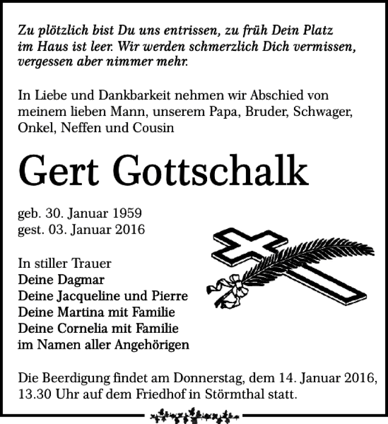 Traueranzeigen Von Gert Gottschalk Trauer Anzeigen De