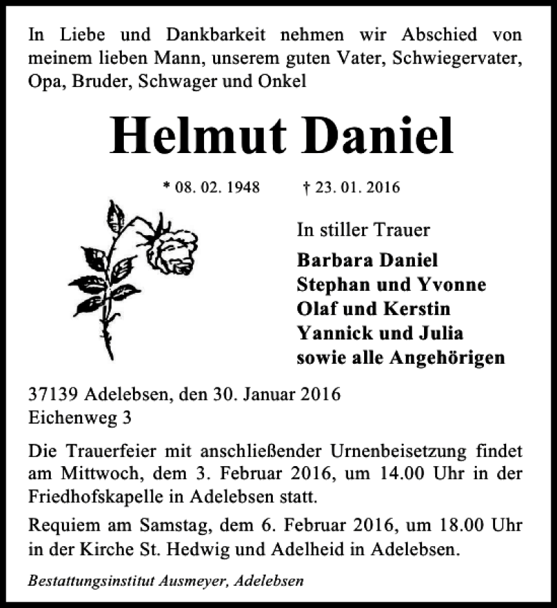 Traueranzeigen Von Helmut Daniel Trauer Anzeigen De