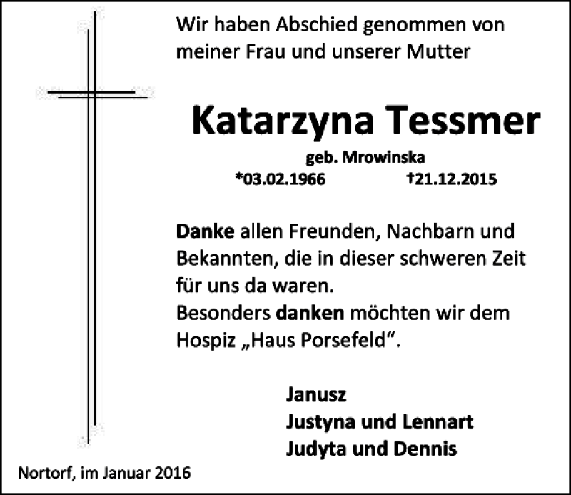 Traueranzeigen Von Katarzyna Tessmer Trauer Anzeigen De