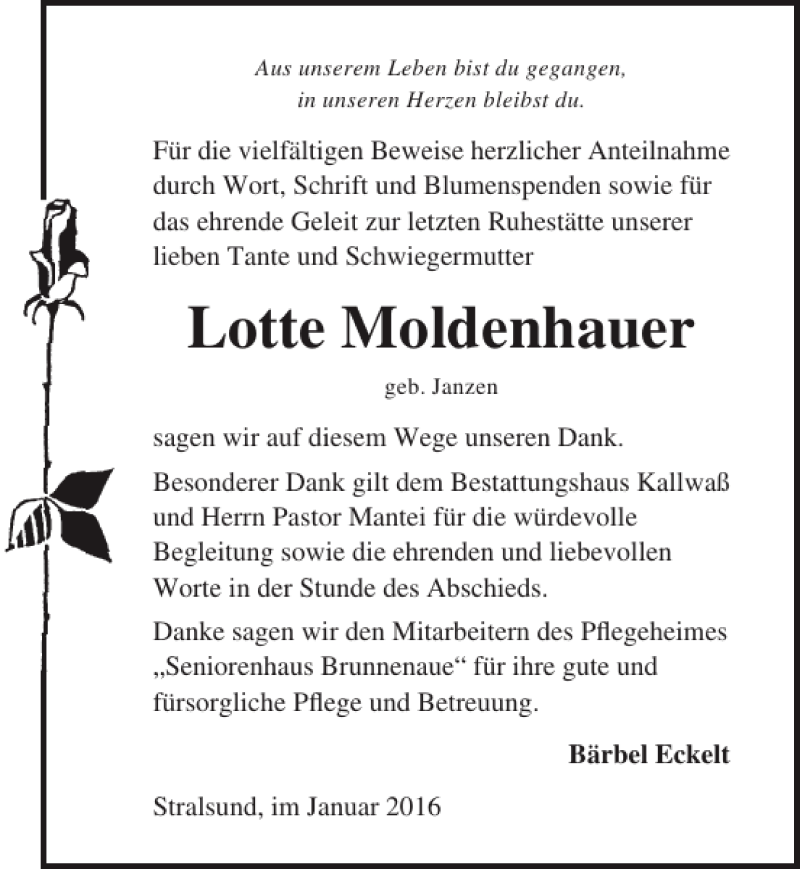 Traueranzeigen Von Lotte Moldenhauer Trauer Anzeigen De