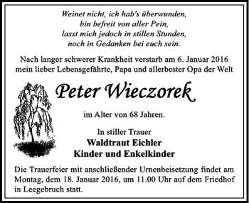 Traueranzeigen Von Peter Wieczorek Trauer Anzeigen De