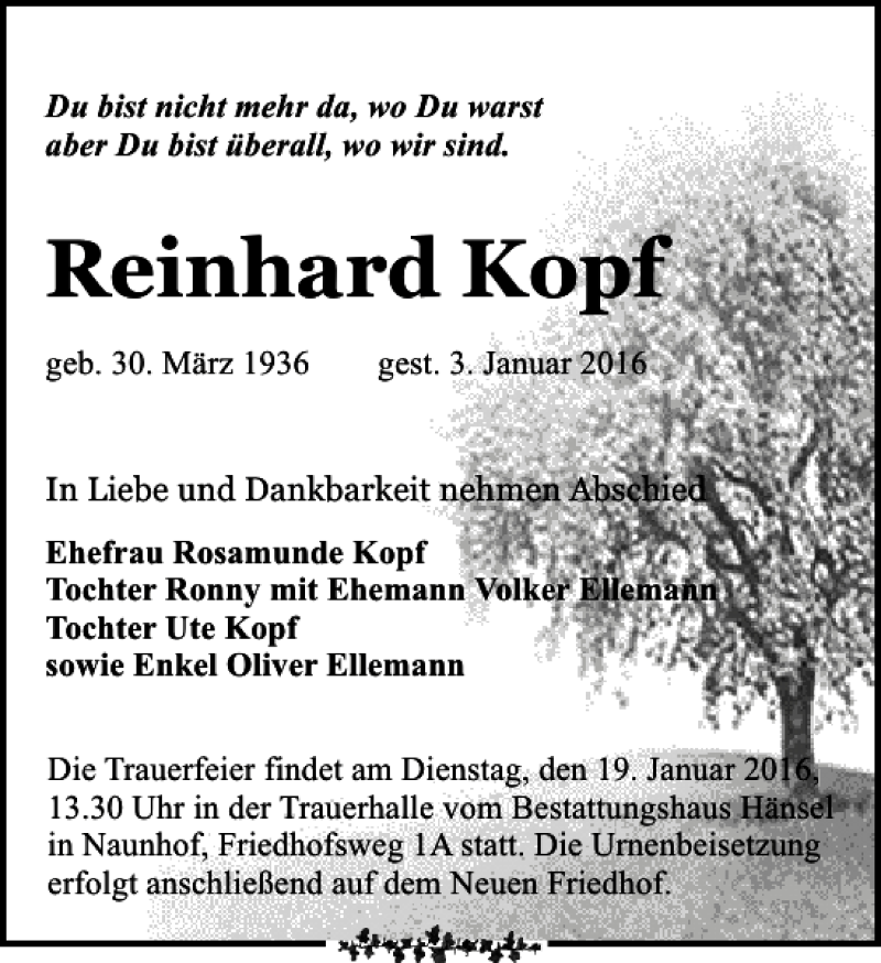 Traueranzeigen Von Reinhard Kopf Trauer Anzeigen De