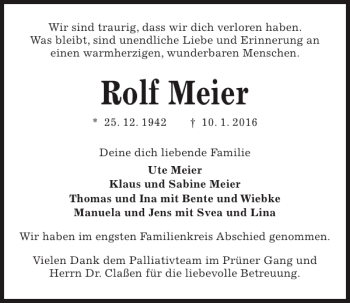 Traueranzeigen Von Rolf Meier Trauer Anzeigen De