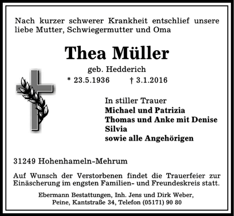 Traueranzeigen Von Thea M Ller Trauer Anzeigen De