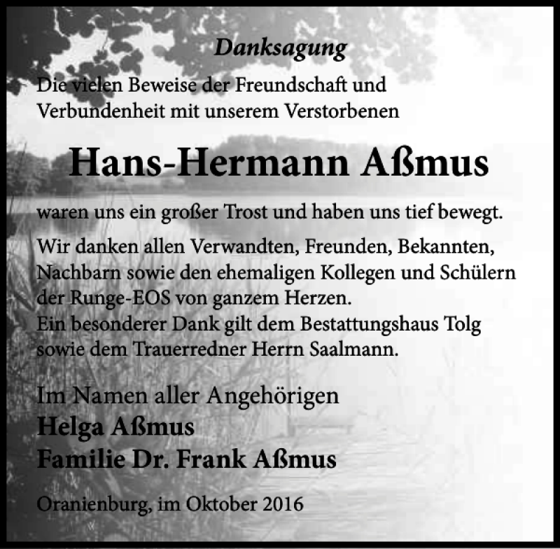 Traueranzeigen von Hans Hermann Aßmus trauer anzeigen de