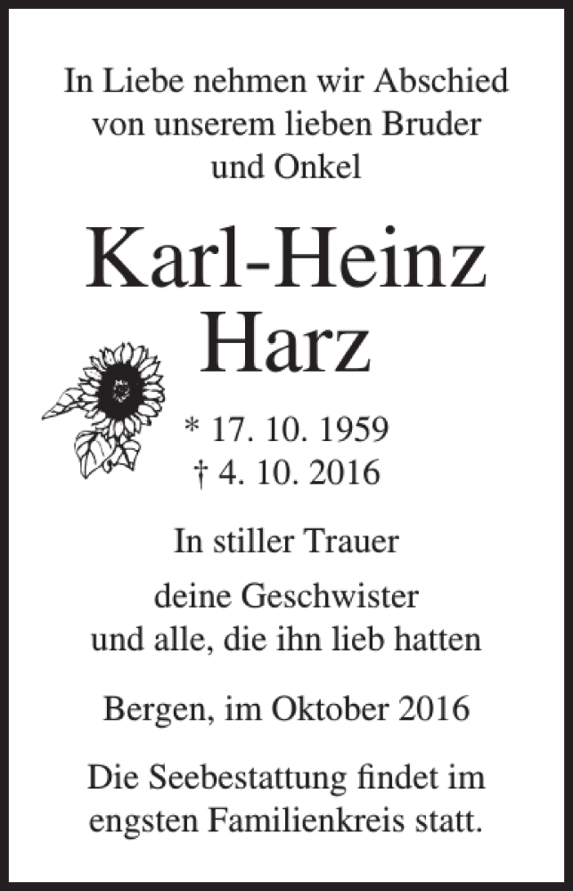 Traueranzeigen Von Karl Heinz Harz Trauer Anzeigen De