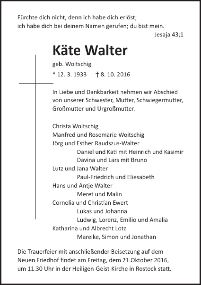 Traueranzeigen von Käte Walter trauer anzeigen de