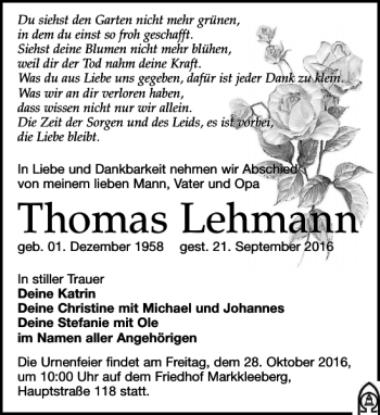 Traueranzeigen Von Thomas Lehmann Trauer Anzeigen De