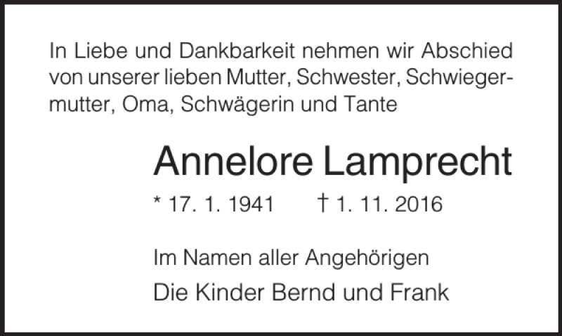 Traueranzeigen Von Annelore Lamprecht Trauer Anzeigen De