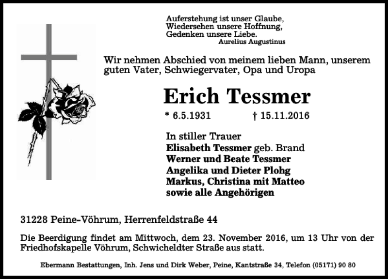 Traueranzeigen Von Erich Tessmer Trauer Anzeigen De