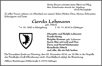 Traueranzeigen Von Gerda Lehmann Trauer Anzeigen De