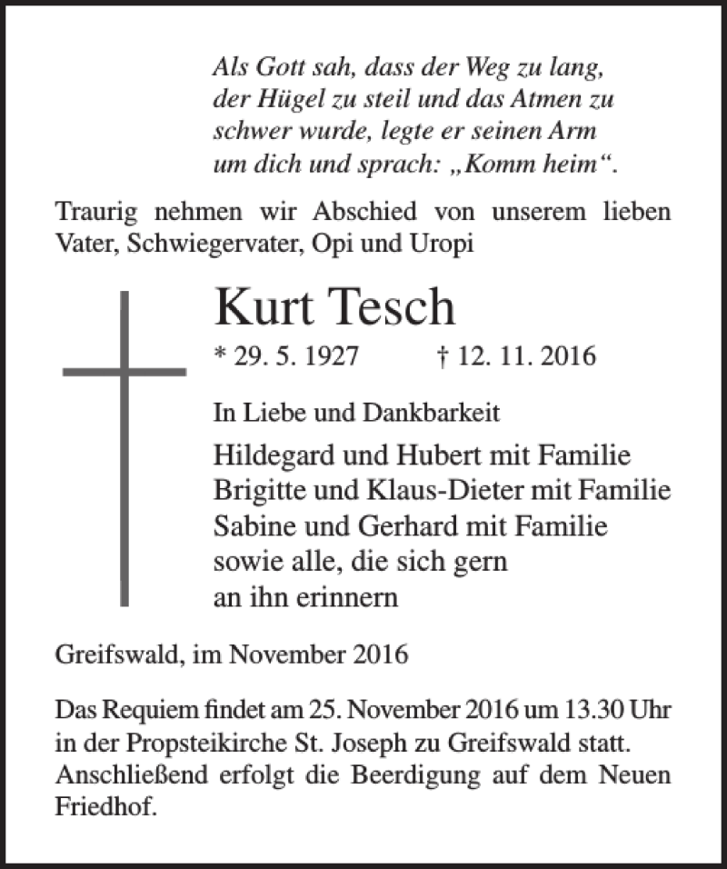 Traueranzeigen Von Kurt Tesch Trauer Anzeigen De