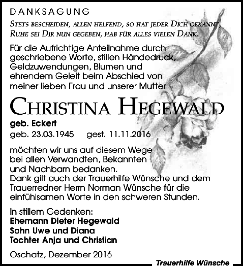 Traueranzeigen Von Christina Hegewald Trauer Anzeigen De