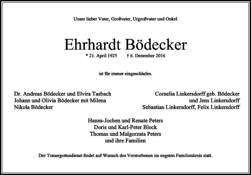 Traueranzeigen von Ehrhardt Bödecker trauer anzeigen de