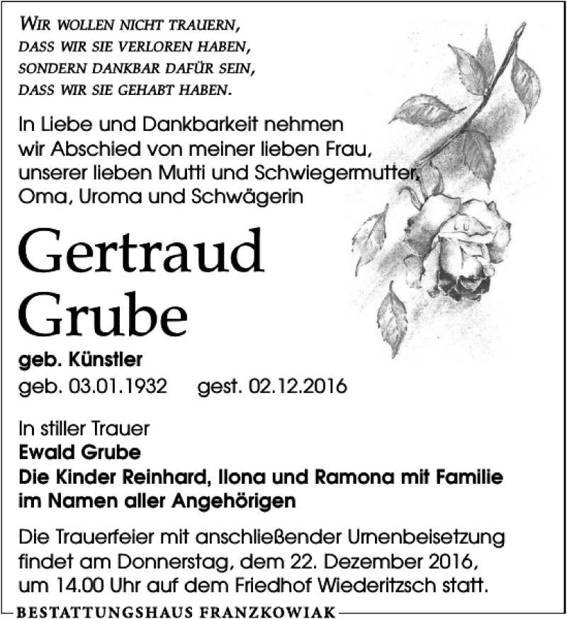 Traueranzeigen Von Gertraud Grube Trauer Anzeigen De