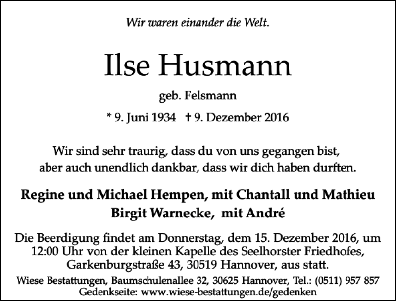 Traueranzeigen Von Ilse Husmann Trauer Anzeigen De