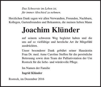 Traueranzeigen von Joachim Klünder trauer anzeigen de