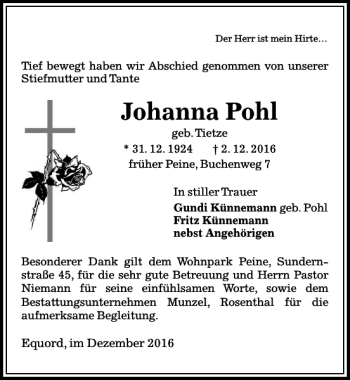 Traueranzeigen Von Johanna Pohl Trauer Anzeigen De