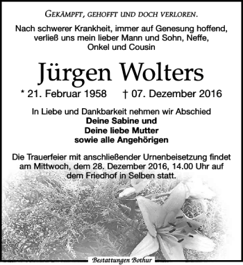 Traueranzeigen Von J Rgen Wolters Trauer Anzeigen De