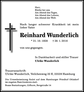 Traueranzeigen Von Reinhard Wunderlich Trauer Anzeigen De