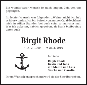 Traueranzeigen Von Birgit Rhode Trauer Anzeigen De