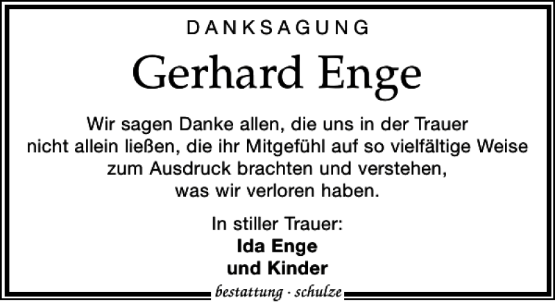 Traueranzeigen Von Gerhard Enge Trauer Anzeigen De