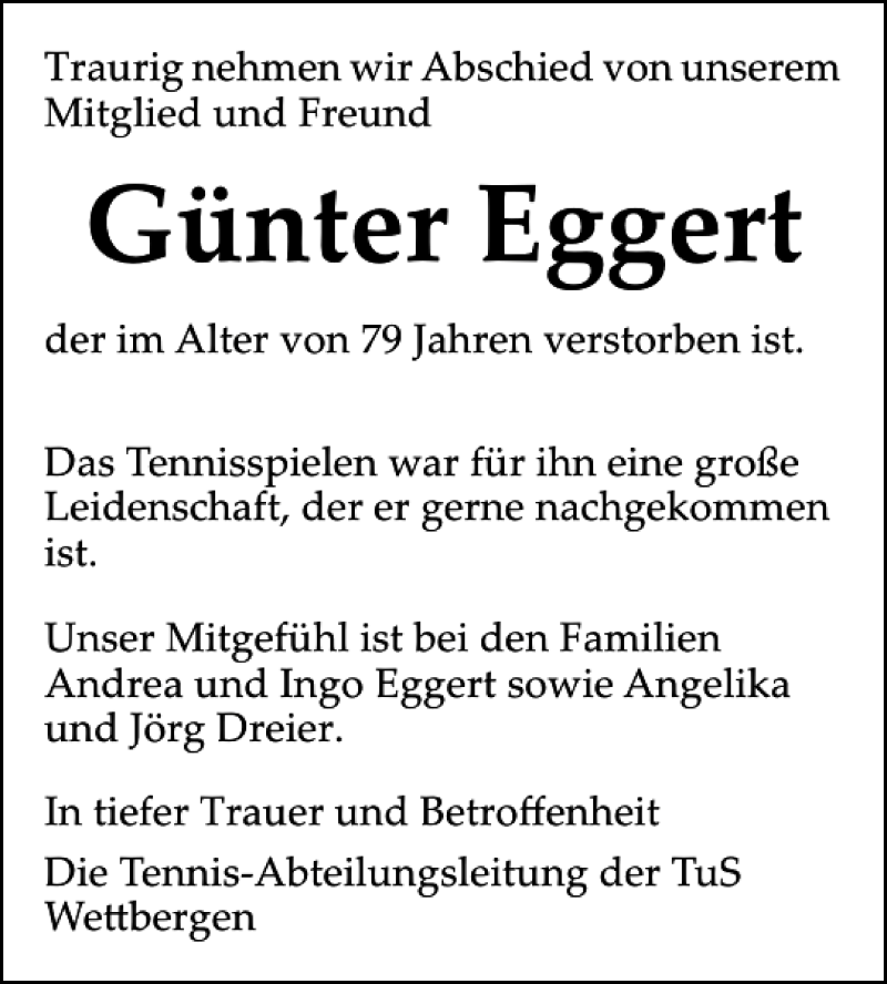 Traueranzeigen von Günter Eggert trauer anzeigen de