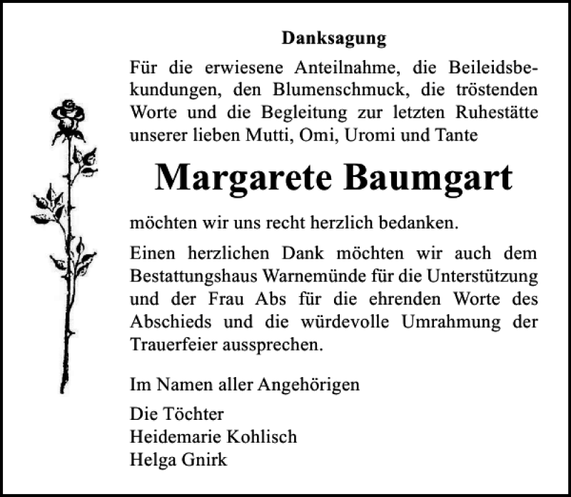 Traueranzeigen Von Margarete Baumgart Trauer Anzeigen De