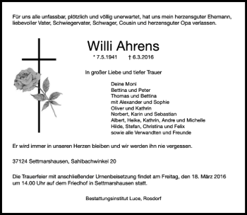 Traueranzeigen Von Willi Ahrens Trauer Anzeigen De