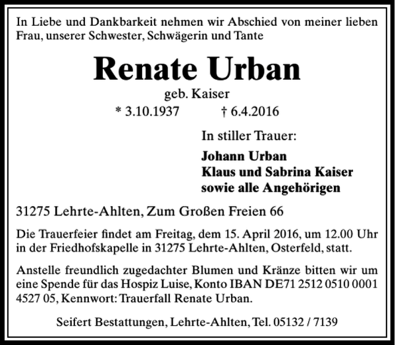 Traueranzeigen Von Renate Urban Trauer Anzeigen De