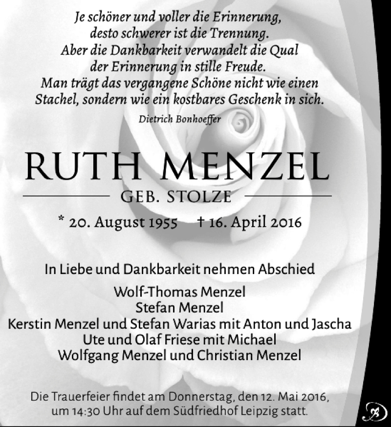 Traueranzeigen Von Ruth Menzel Trauer Anzeigen De