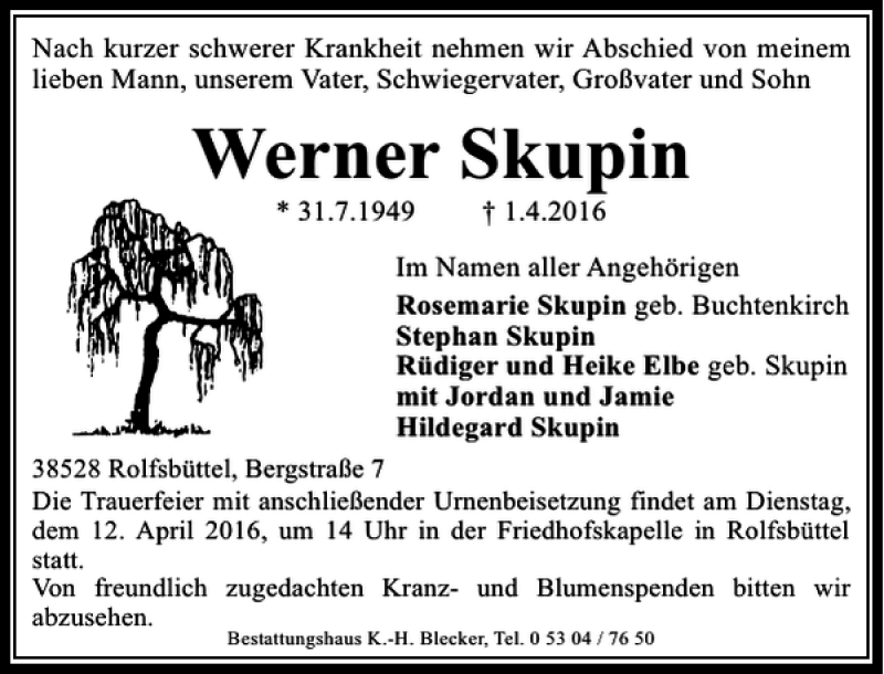 Traueranzeigen Von Werner Skupin Trauer Anzeigen De