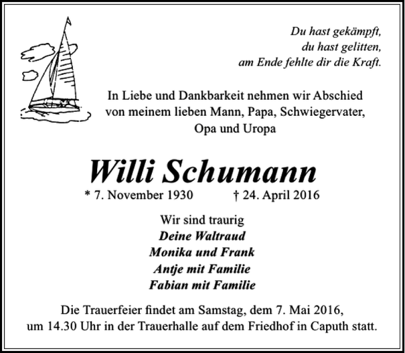 Traueranzeigen Von Willi Schumann Trauer Anzeigen De