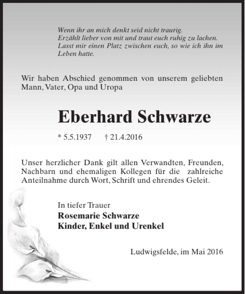 Traueranzeigen Von Eberhard Schwarze Trauer Anzeigen De