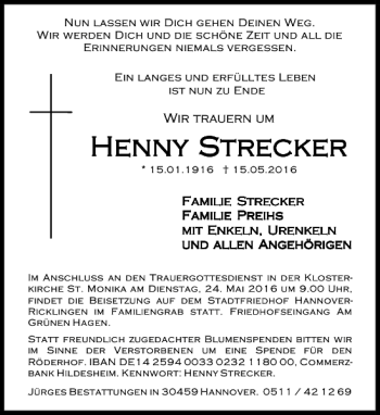 Traueranzeigen Von Henny Strecker Trauer Anzeigen De