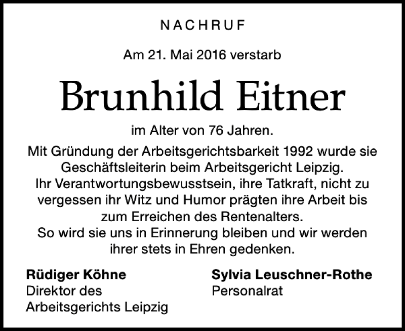 Traueranzeigen Von Brunhild Eitner Trauer Anzeigen De