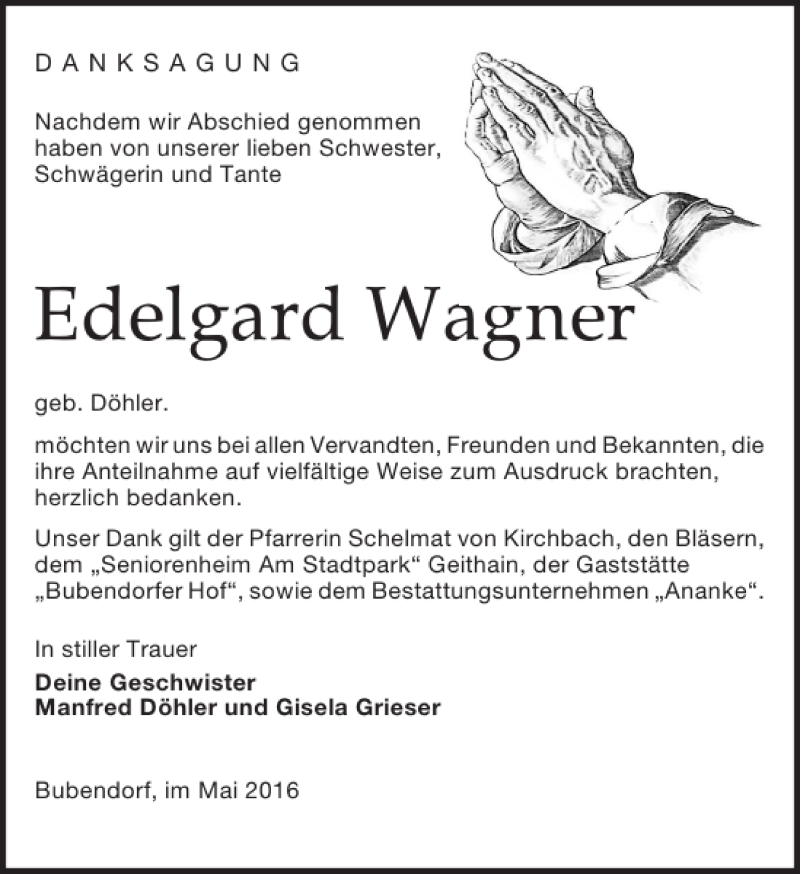 Traueranzeigen Von Edelgard Wagner Trauer Anzeigen De