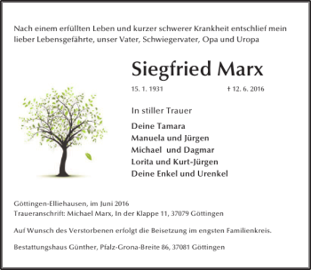 Traueranzeigen Von Marx Siegfried Trauer Anzeigen De