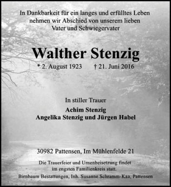 Traueranzeigen Von Walther Stenzig Trauer Anzeigen De