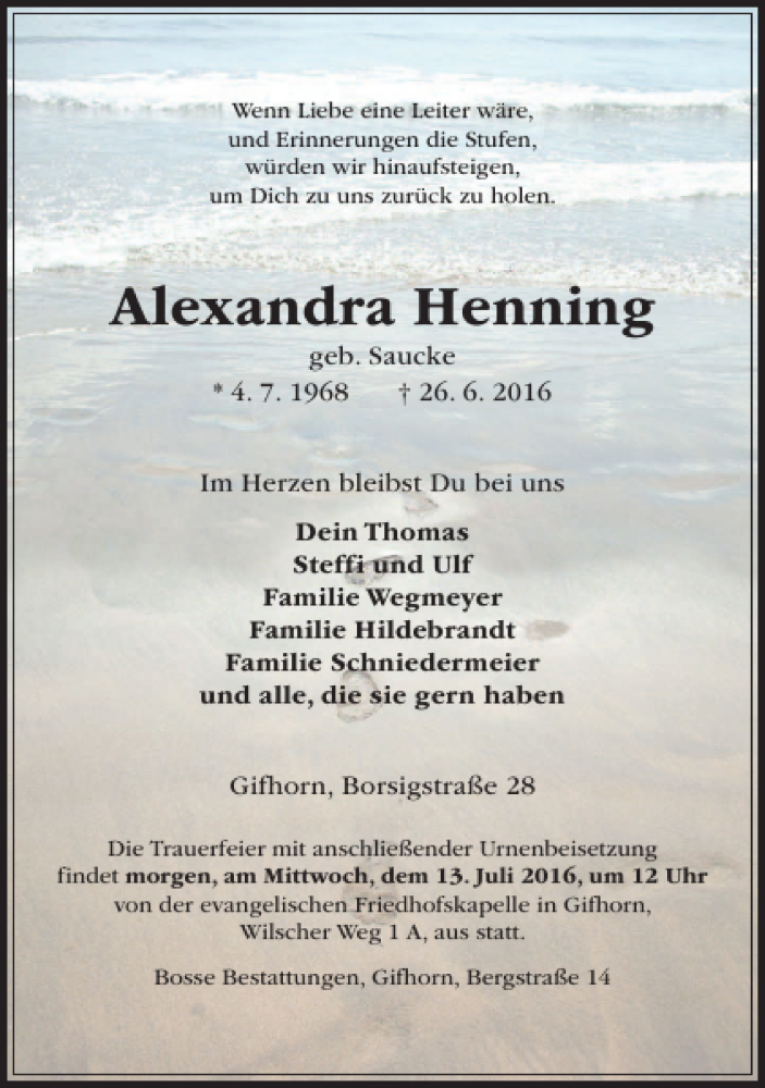 Traueranzeigen Von Alexandra Henning Trauer Anzeigen De