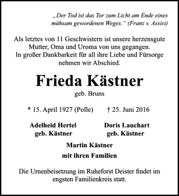 Traueranzeigen von Frieda Kästner trauer anzeigen de