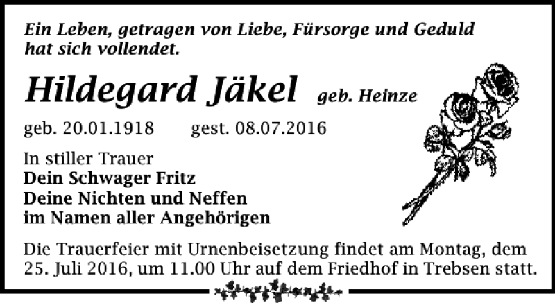 Traueranzeigen von Hildegard Jäkel trauer anzeigen de