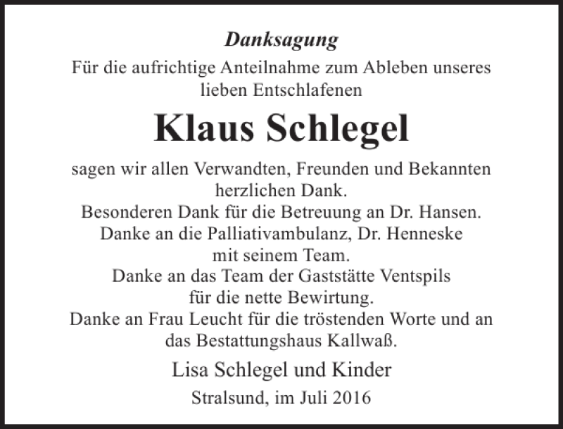 Traueranzeigen Von Klaus Schlegel Trauer Anzeigen De