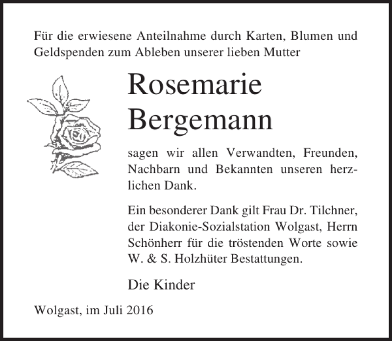 Traueranzeigen Von Rosemarie Bergemann Trauer Anzeigen De