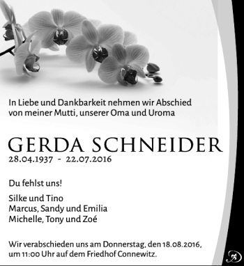 Traueranzeigen Von Gerda Schneider Trauer Anzeigen De