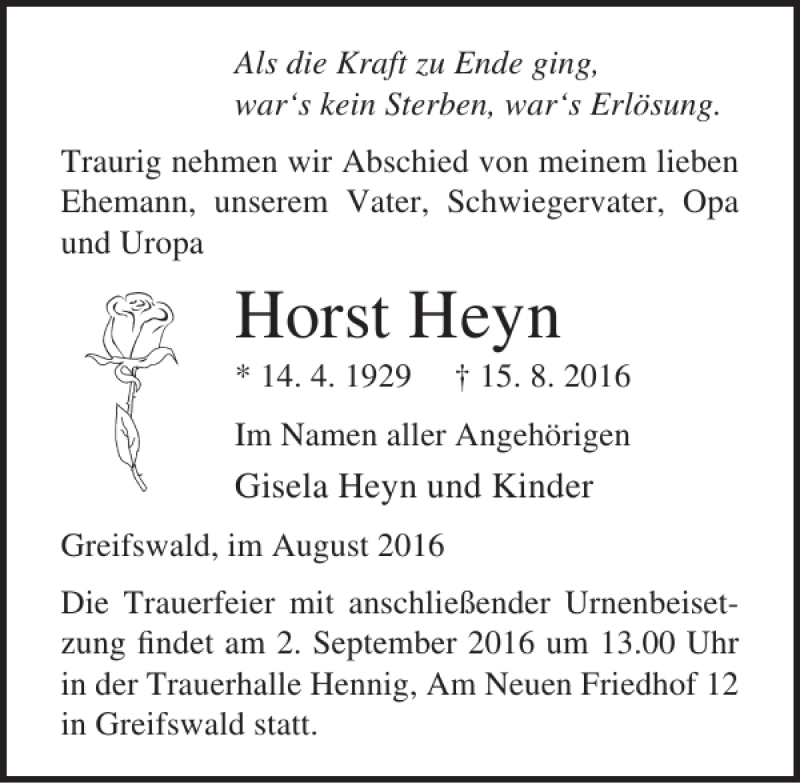 Traueranzeigen Von Horst Heyn Trauer Anzeigen De