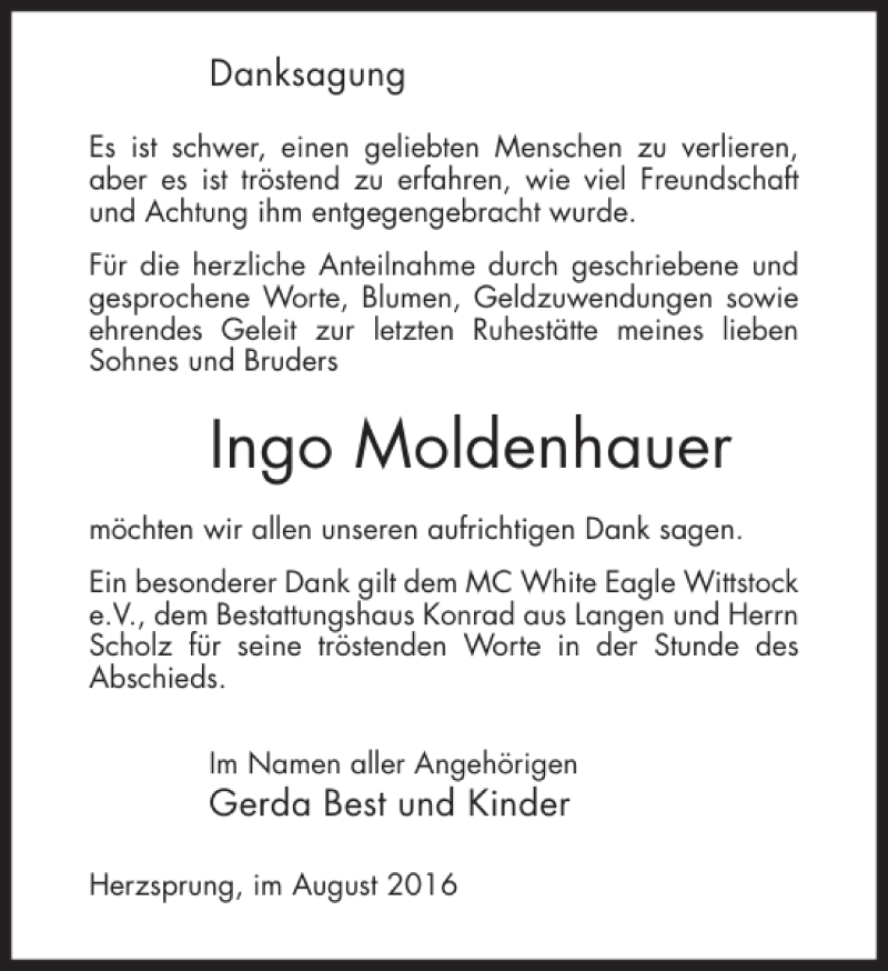 Traueranzeigen Von Ingo Moldenhauer Trauer Anzeigen De