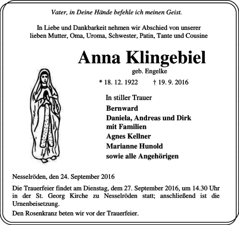 Traueranzeigen Von Anna Klingebiel Trauer Anzeigen De